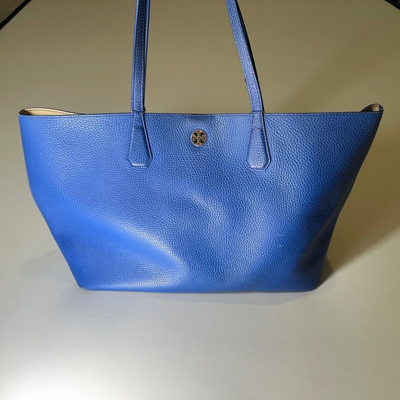 Tory Burch Leather Tote Bag Purse Blue Pebble Grain Designer Handbag Gold Logo - Picture 1 of 16